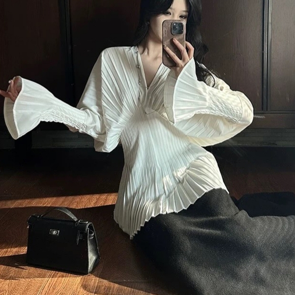 D.H. GATE Pleated Long Sleeve Blouse - Picture 8 of 8